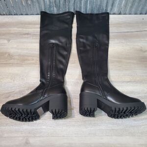 Top Moda Knee High Stacked Heel Zippered Black Boots Sz 6 Women's